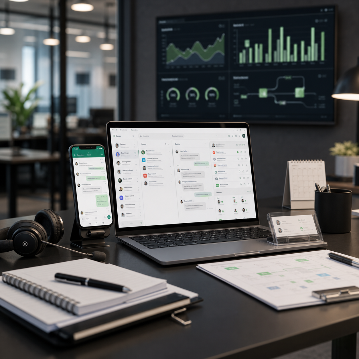 Mesa de inbox unificado com dashboard de conversas, headset e mensagens de WhatsApp
